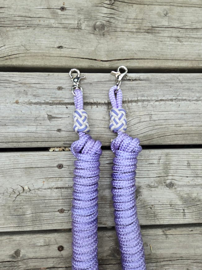 3/8" 20ft driving lines/ reins, lavender with silver snaps and paracord turkshead knots - Sagebrush Tack