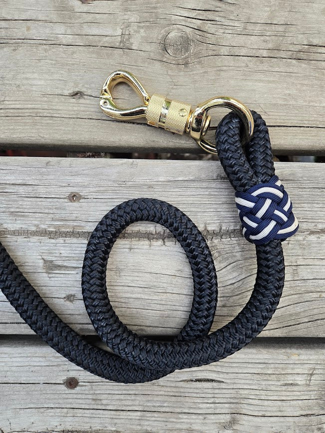5/8" 14ft black lead rope with gold panic snap, tassel end, navy and cream paracord accents - Sagebrush Tack