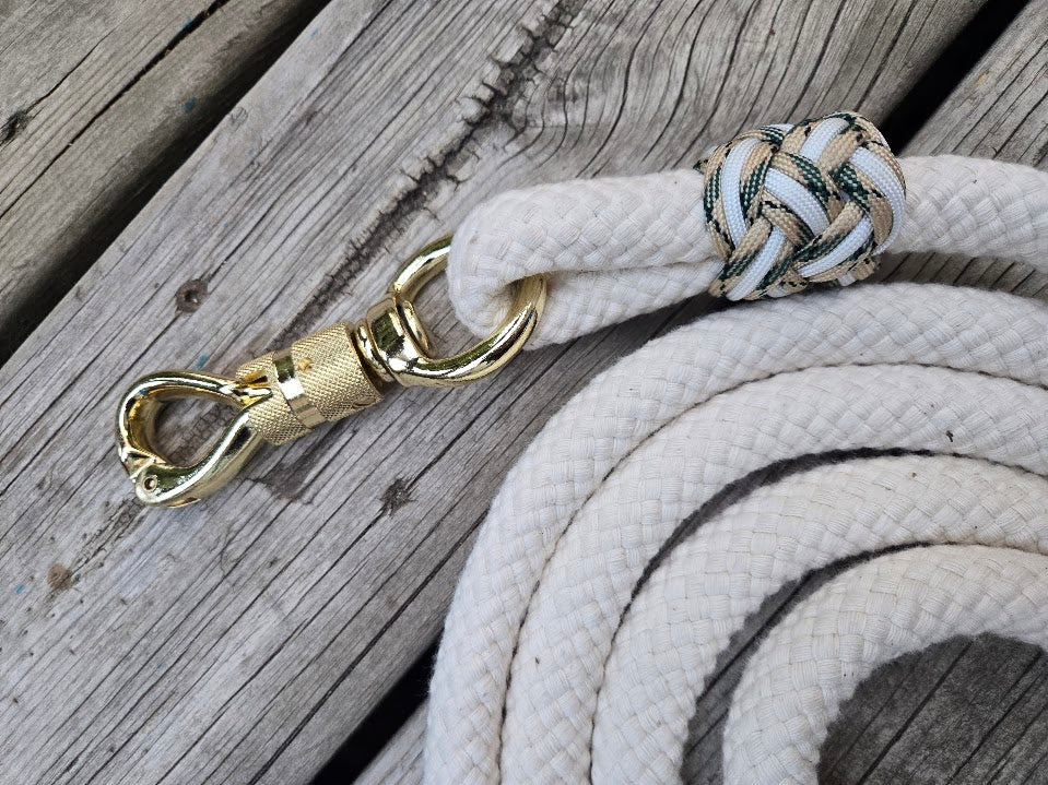 5/8" 11ft cream cotton lead rope with brass panic snap and tassel end - Sagebrush Tack