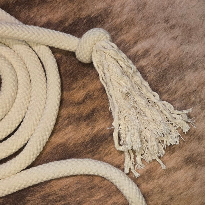 5/8" 12ft cream cotton lead rope with brass panic snap and tassel end - Sagebrush Tack