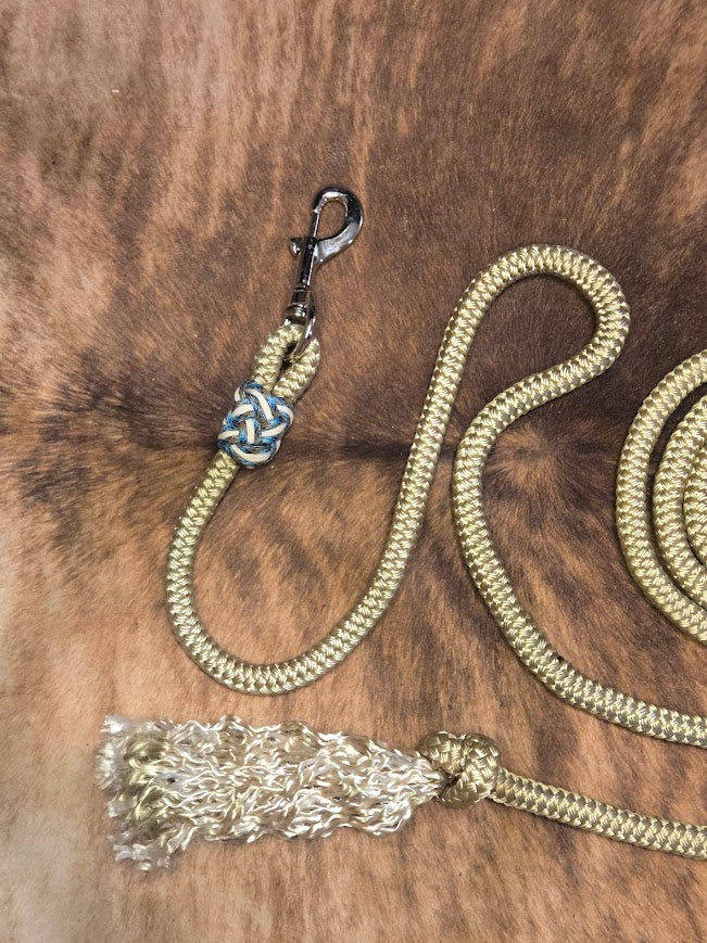 12ft 5/8" gold lead rope with brass twist panic snap and abyss/cream accents - Sagebrush Tack