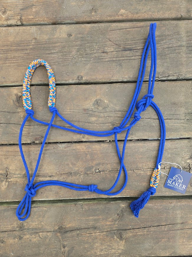 3/16" Stiff Rope Cotton Halter, Navy with Fire accents - The Maker Barn Studio