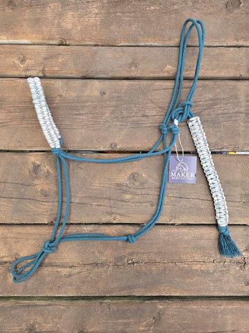 3/16" Stiff Cotton Rope Halter, Forest Green with cream and grey paracord accents