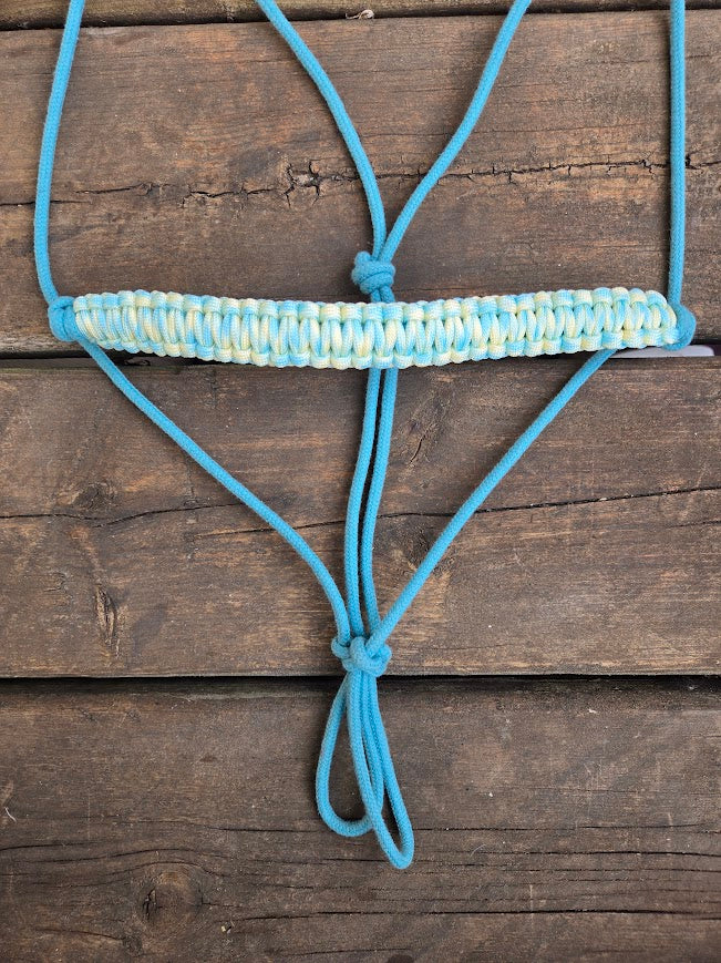 3/16" Stiff Cotton Rope Halter, azure sky with lemon turquoise paracord accent noseband - The Maker Barn Studio