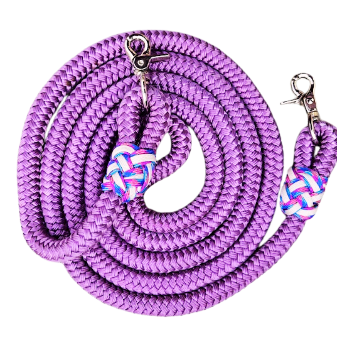 5/8" 7ft Hand dyed plum purple reins with silver snaps and decorative paracord turkshead knot - Sagebrush Tack