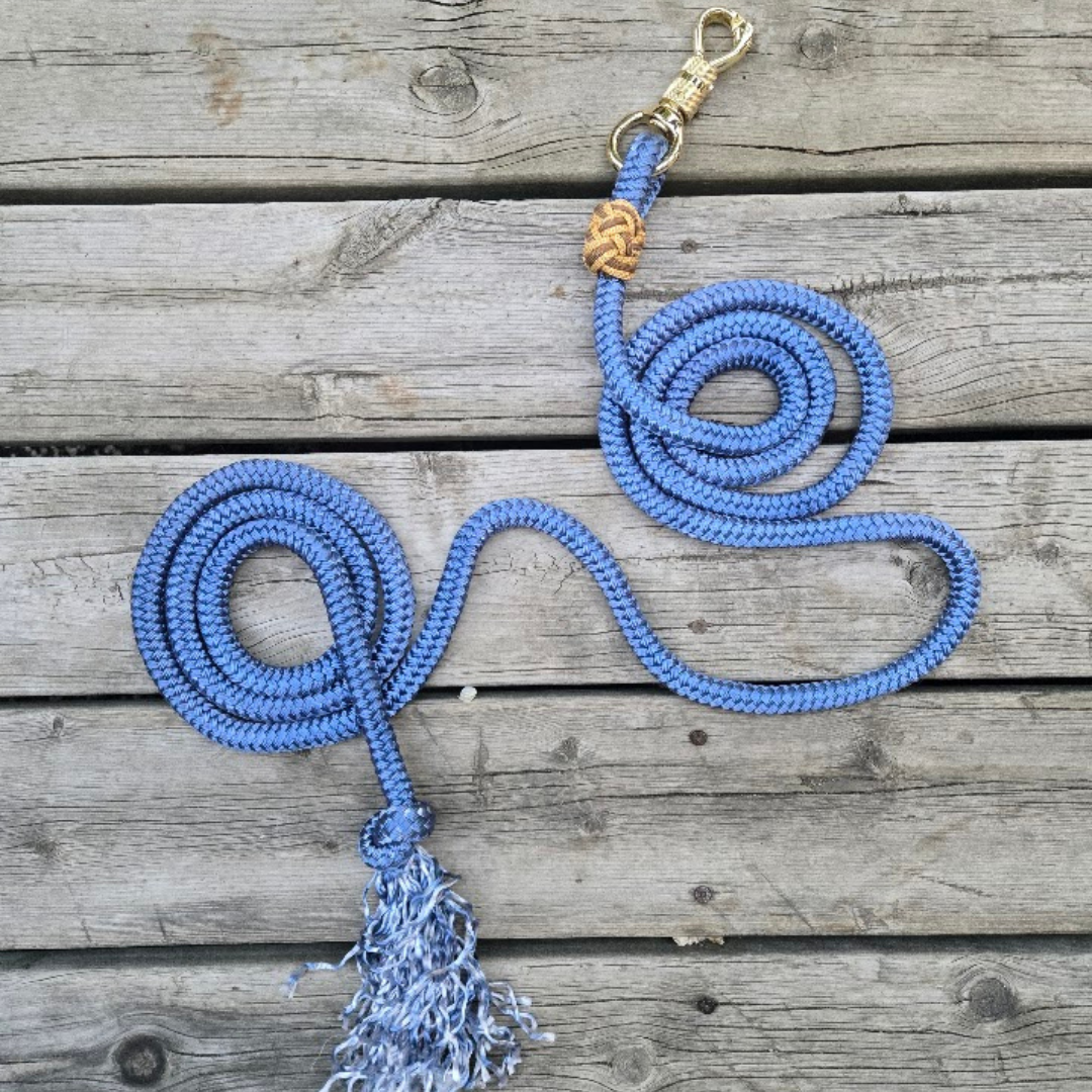 12ft 5/8" stormy blue lead rope with brass twist panic snap and tan/cream accents - Sagebrush Tack