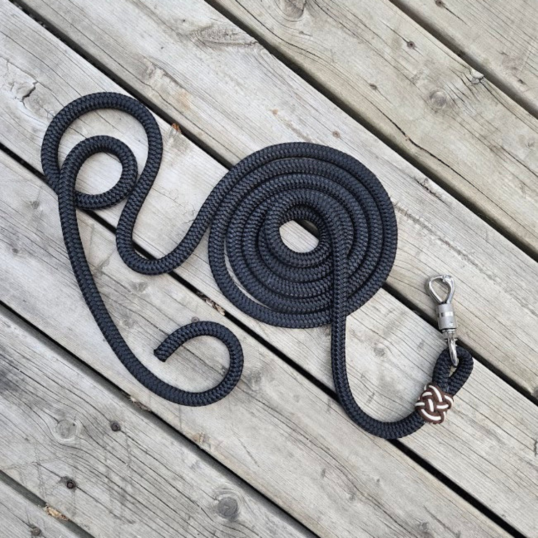 5/8" 14ft black lead rope with silver panic snap,  blunt end, and brown/cream paracord accents - Sagebrush Tack
