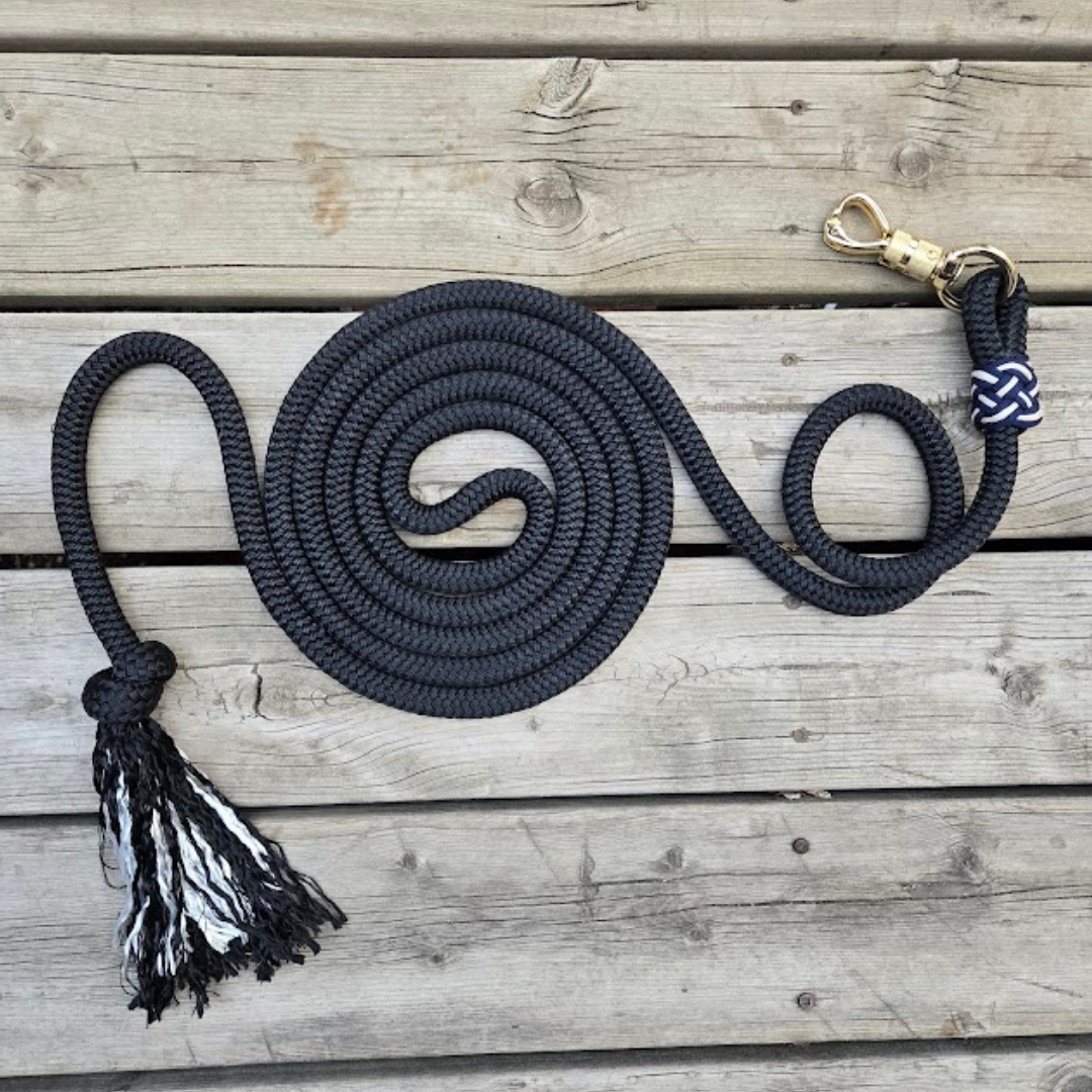 5/8" 14ft black lead rope with gold panic snap, tassel end, navy and cream paracord accents - Sagebrush Tack