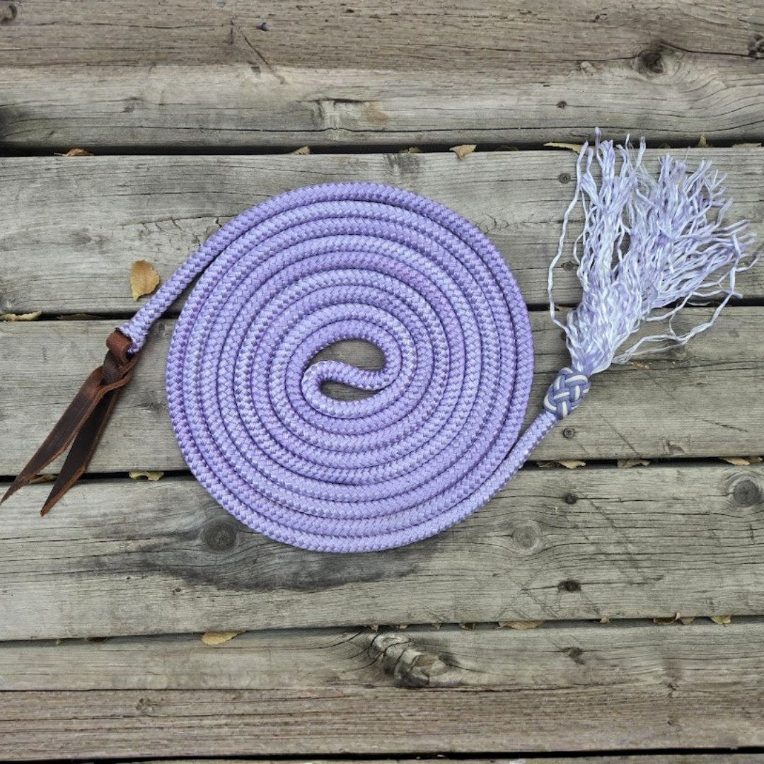 20ft 5/8" hand-dyed lavender mecate reins with leather popper and tassel end - Sagebrush Tack