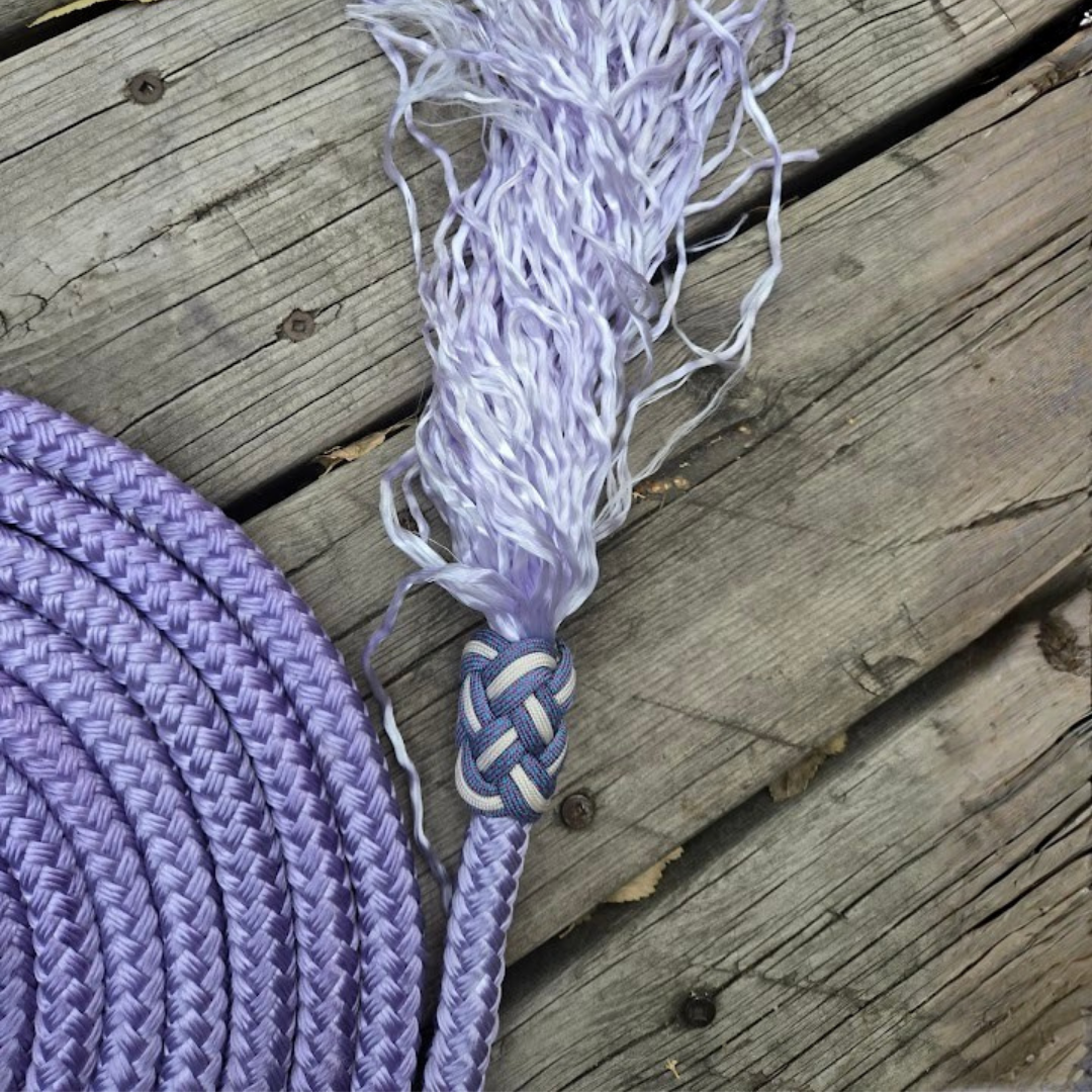 20ft 5/8" hand-dyed lavender mecate reins with leather popper and tassel end - Sagebrush Tack