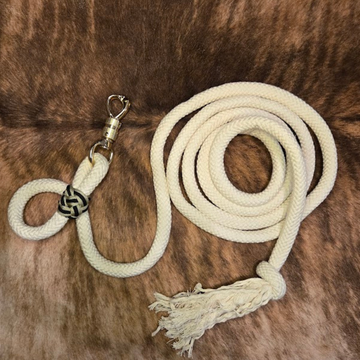 5/8" 12ft cream cotton lead rope with brass panic snap and tassel end - Sagebrush Tack