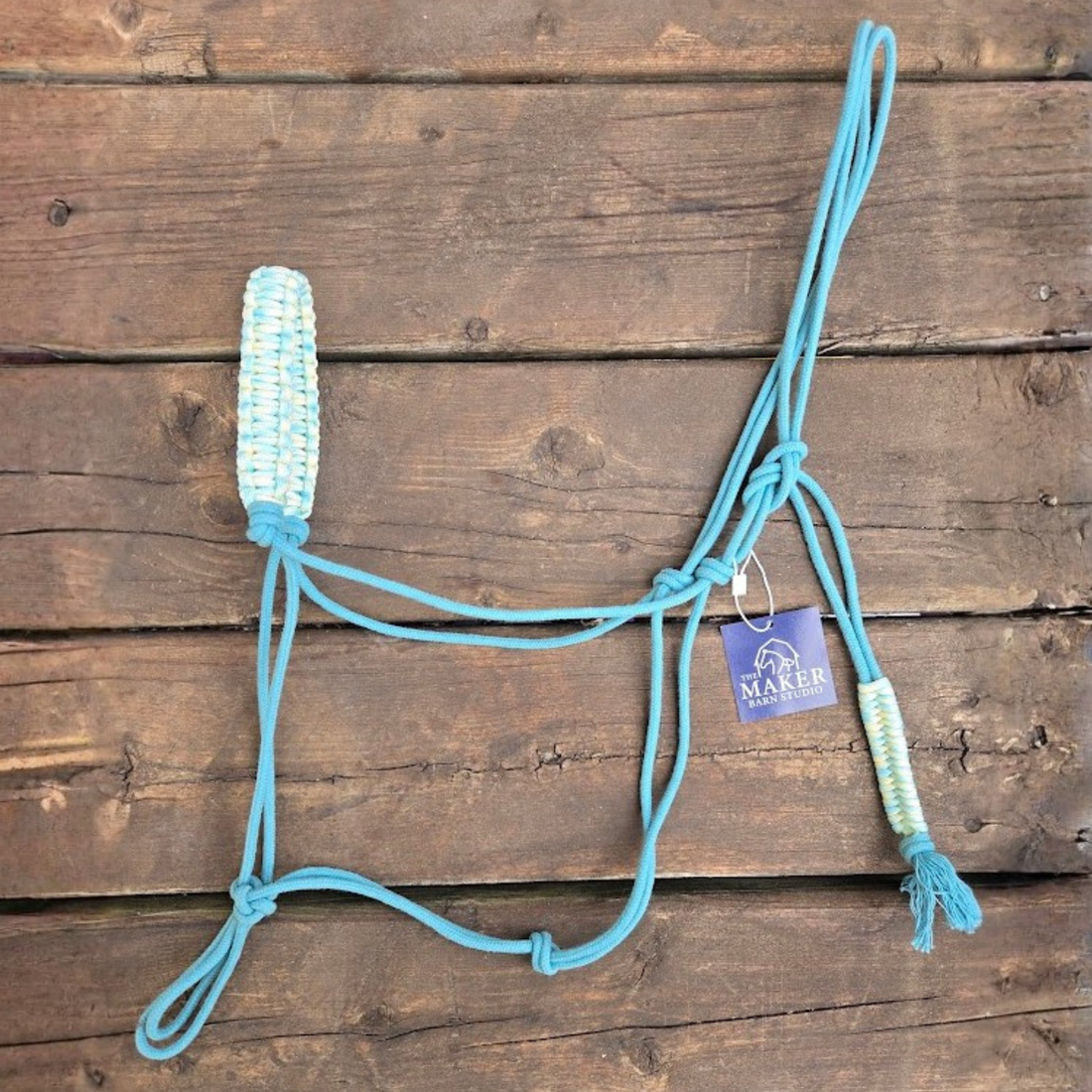 3/16" Stiff Cotton Rope Halter, azure sky with lemon turquoise paracord accent noseband - The Maker Barn Studio